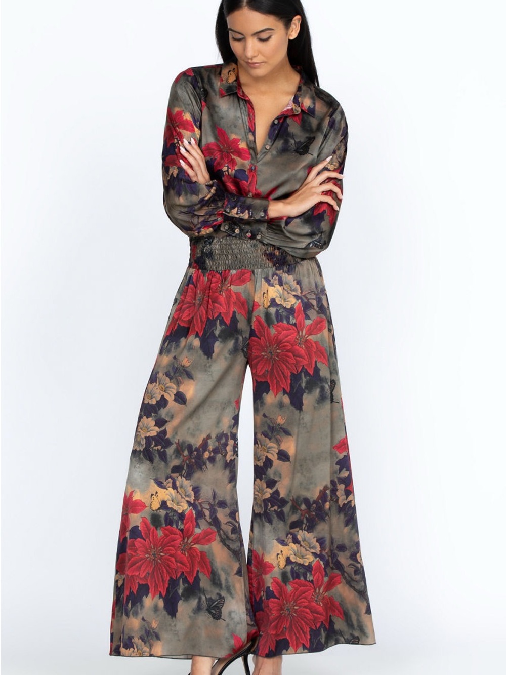 CLARET RACHEL PANT JOHNNY WAS SILK FLORAL WIDE LEG TROUSERS SMALL